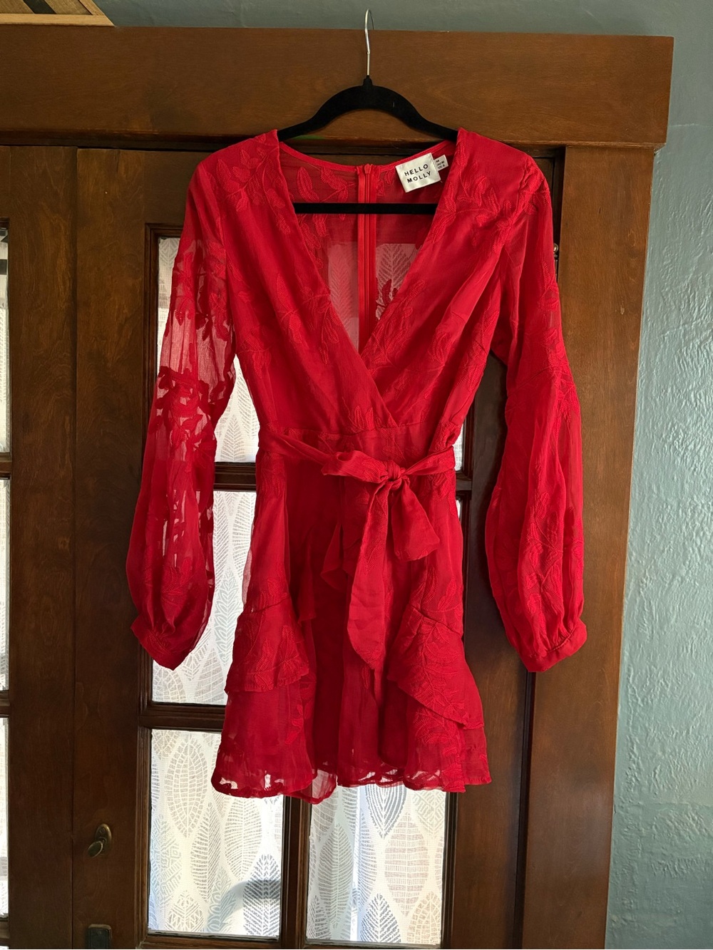 Hello Molly I Heard A Rumor Red Embroidered Long Sleeve Flounce Mini Dress US 6 - Picture 8 of 14